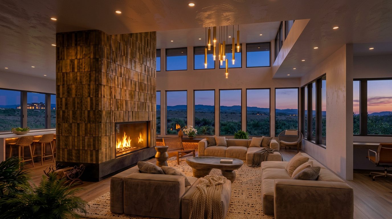 Rendering of the great room at dusk, the fire lit and the meadow darkening beyond the glass.