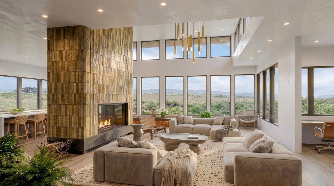 Rendering of the great room from the kitchen end, with the fireplace at centre and the window wall beyond.