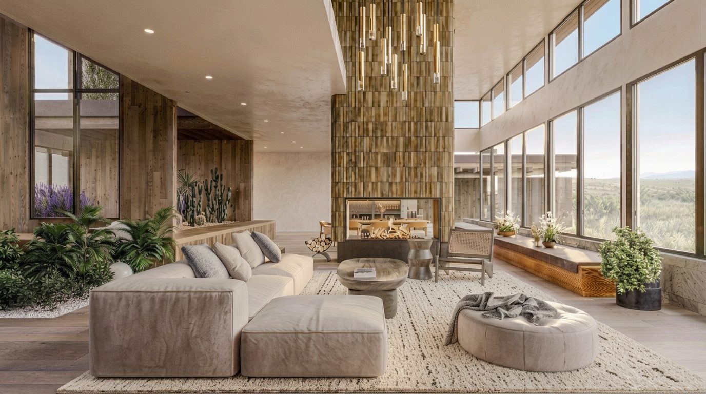 Rendering of the great room, with a two-storey fireplace and a glass wall to the meadow.