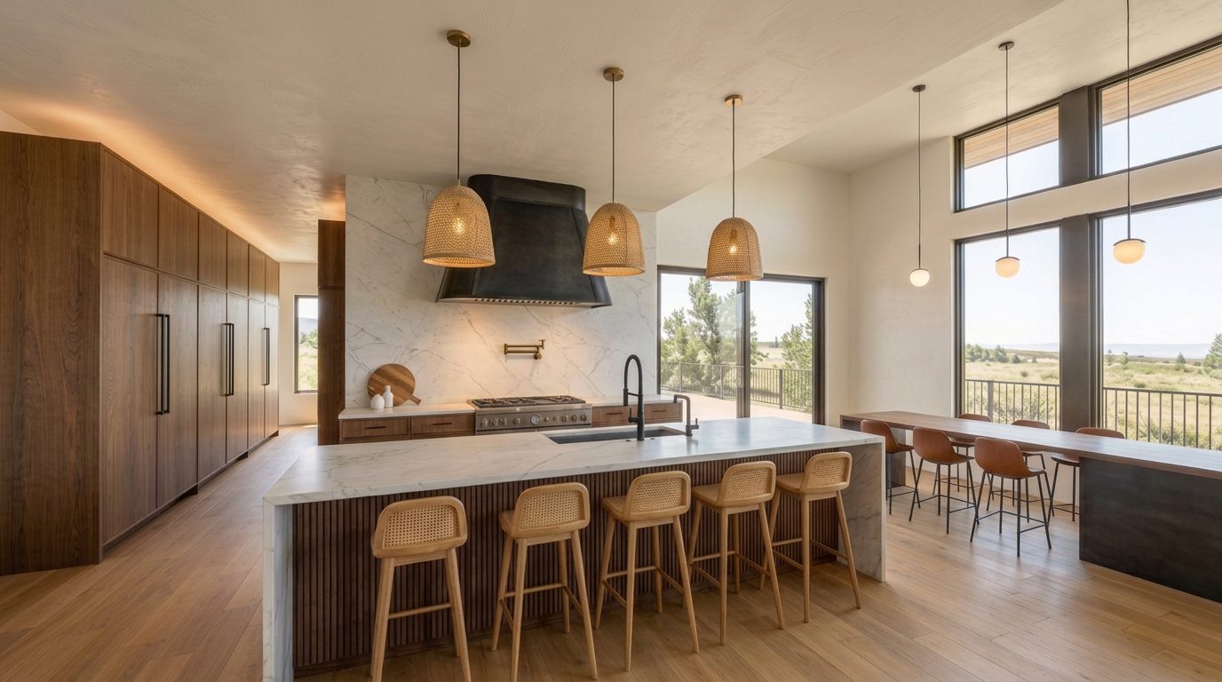 Rendering of the kitchen, with a marble island, walnut cabinetry, and the range wall beyond.